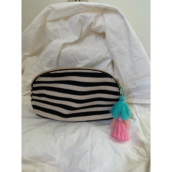 Unbranded Handbags - Ecru Cosmetic Essentials Clutch Bag Black Striped Tassels Top Zip Pastel Tassels
